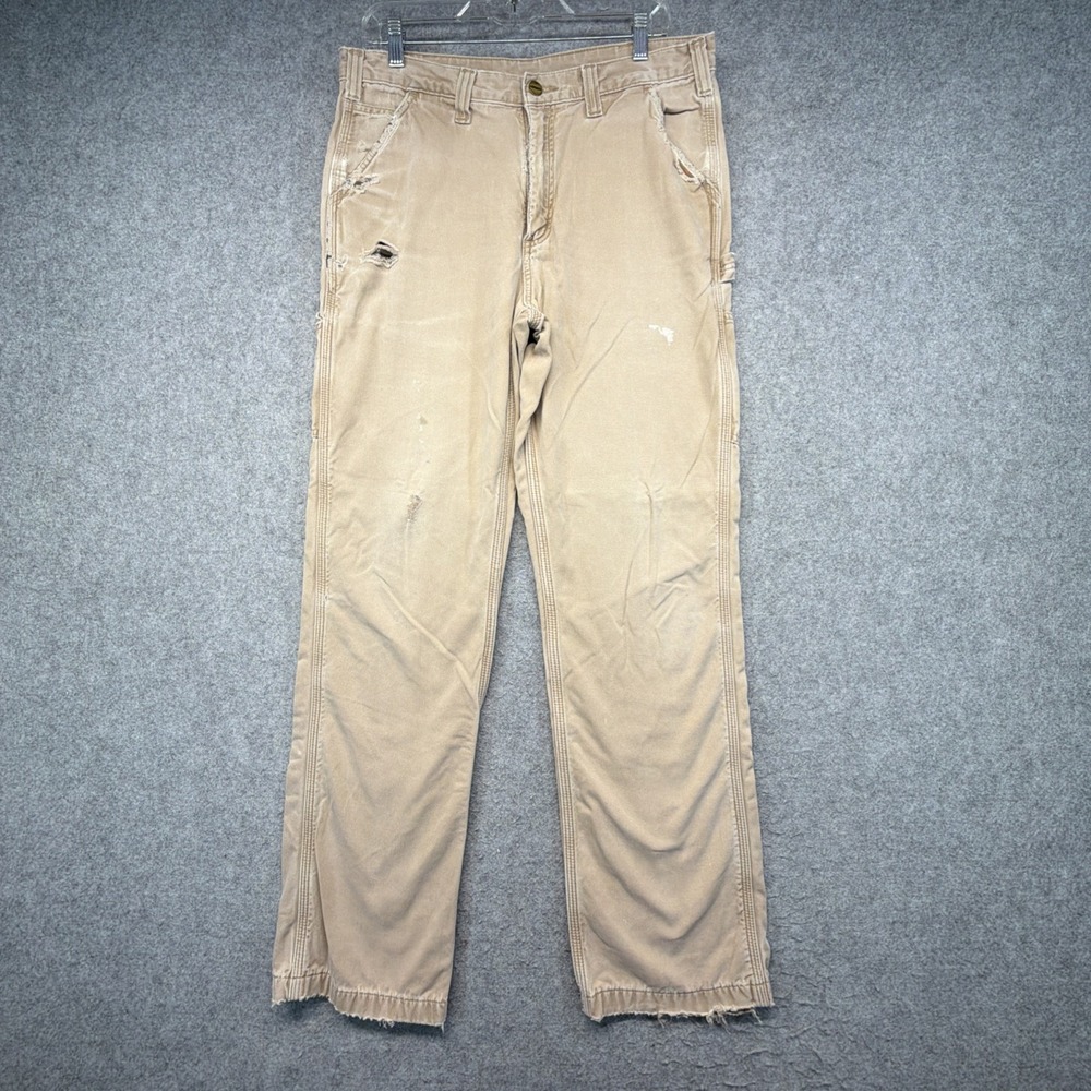 Carhartt Canvas Flannel Lined Distressed Pants Mens Size 34x34 (Fits 33x31)
